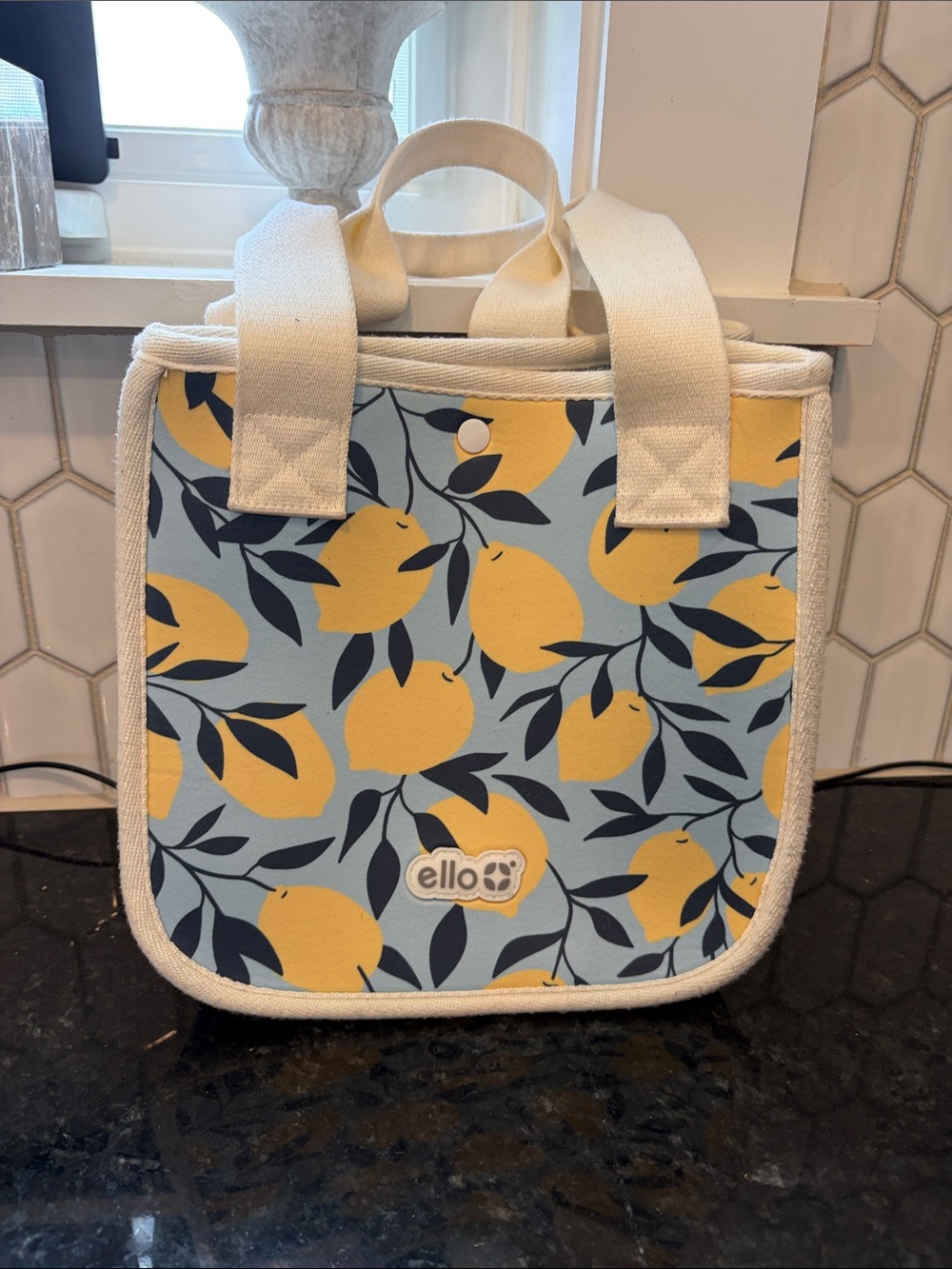 ellos Yellow Lemon Print Canvas Tote on Light Blue